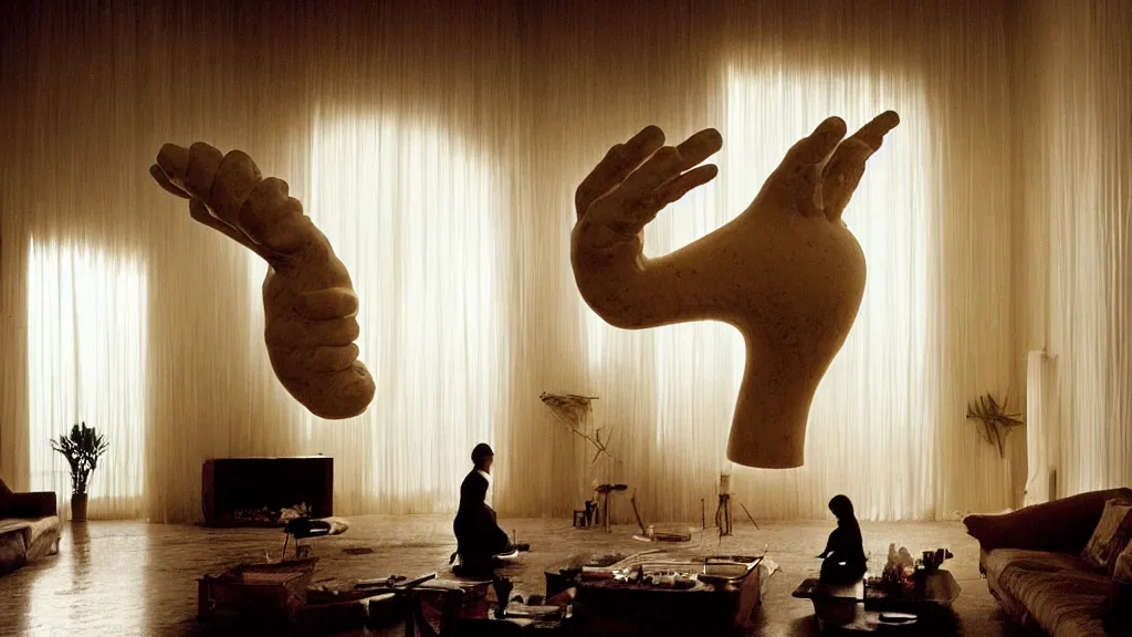 Image similar to giant hand made of wax and water floats through the living room, film still from the movie directed by Denis Villeneuve with art direction by Salvador Dalí, wide lens