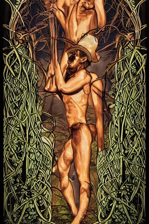 Prompt: a dramatic ethereal epic symmetrical painting of a handsome cowboy holding a plant | he is dark skinned, shirtless, wearing a cowboy hat, and draped in vines | background is a forest fire conflagration flames | tarot card, art deco, art nouveau, (steampunk), homoerotic, realistic | by Dresden Codak, by Mark Maggiori and ((((Alphonse Mucha))) | trending on artstation