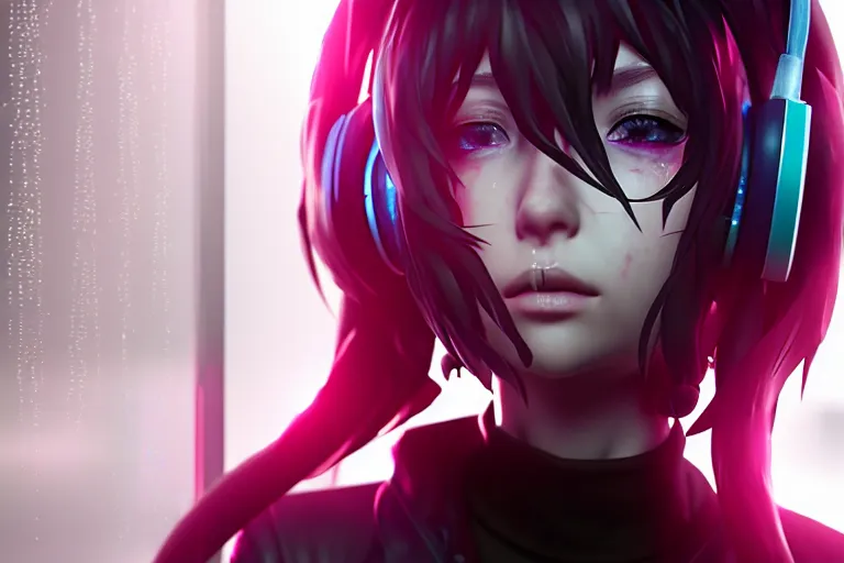 Image similar to a girl with headphones is looking at a rainy window in the style of a code vein character creation, cyberpunk art by Yuumei, cg society contest winner, rayonism light effects and bokeh, daz3d, vaporwave, deviantart hd