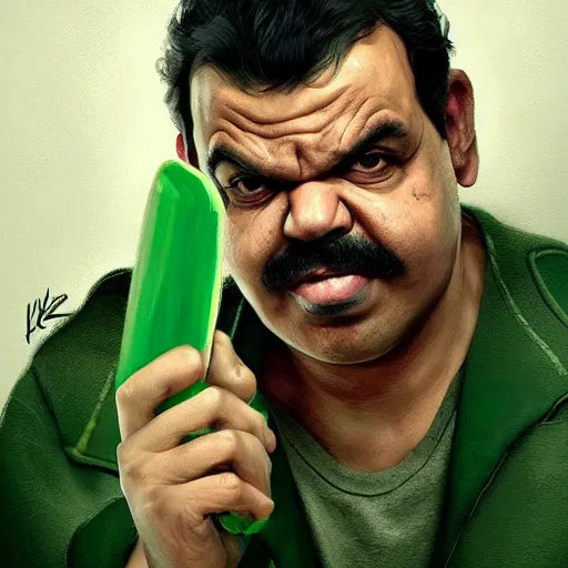 Prompt: hyper realistic portrait, beautifully rendered, luis guzman as luigi wearing green, smirking deviously, luigi, painted by greg rutkowski, wlop, artgerm, dishonored 2