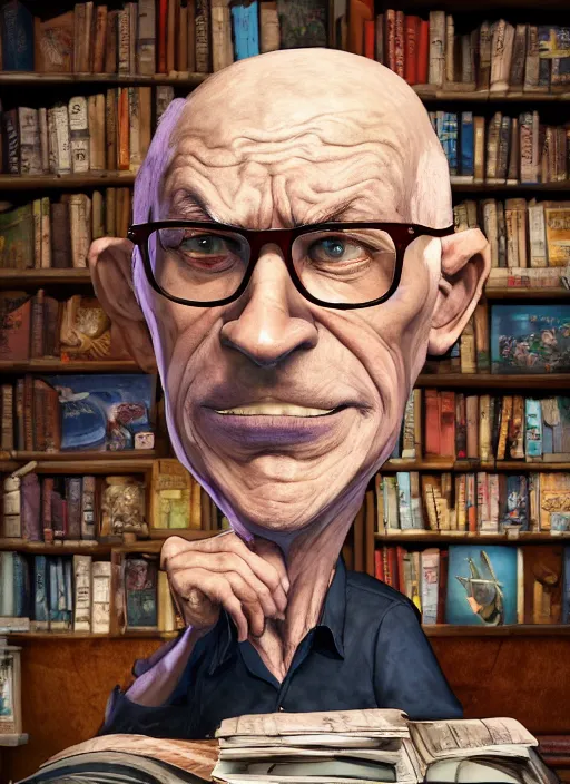 Prompt: an epic fantasy comic book style portrait painting of an aging man with a long nose wearing glasses sitting behind a desk full of books in a cave, unreal 5, daz, hyperrealistic, octane render, cosplay, rpg portrait, dynamic lighting