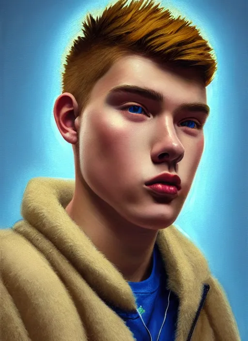 Image similar to portrait of high school senior boy named big moose, blonde short hair, jock, beefy, wide face, square jaw, square facial structure, blue varsity jacket with letter r, intricate, elegant, glowing lights, highly detailed, digital painting, artstation, concept art, sharp focus, illustration, art by wlop, mars ravelo and greg rutkowski