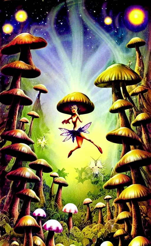 Image similar to stars in the sky fairies flying into an enchanted forest mushrooms on the ground psychedelic wide angle shot white background vector art illustration by frank frazetta