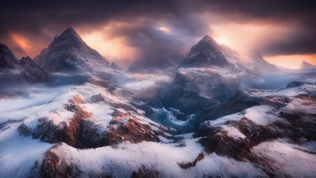 Image similar to amazing landscape photo by marc adamus, beautiful dramatic lighting