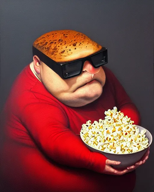 Prompt: hyper realistic oil painting of a fat toad wearing anaglyph red - blue glasses with popcorn pot, vibrant colors, high contrast, by greg rutkowski, trending on artstation