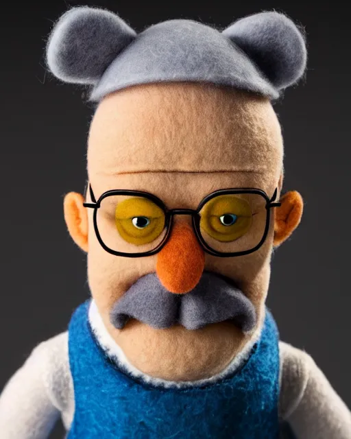 Image similar to walter white as a muppet. highly detailed felt. hyper real photo. 4 k.