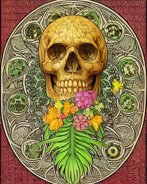 Image similar to centered Carved ancient skull with pineapple leaves growing out of the top art surrounded by varities of flowers, cell shading, voronoi, fibonacci sequence, sacred geometry by Alphonse Mucha, Moebius, hiroshi yoshida, Art Nouveau, colorful, ultradetailed, vivid colour, 3d