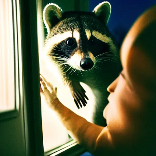 Image similar to photo of racoon wearing a spacesuit looking out window at night, cinestill, 800t, 35mm, full-HD