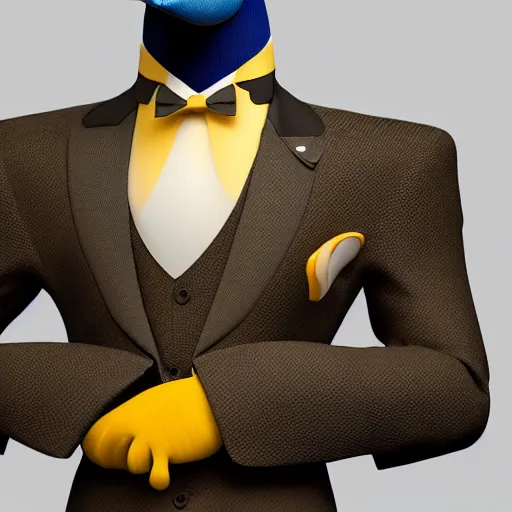 Image similar to a high detail photo of an antropomorphic duck wearing a suit, trending on artstation