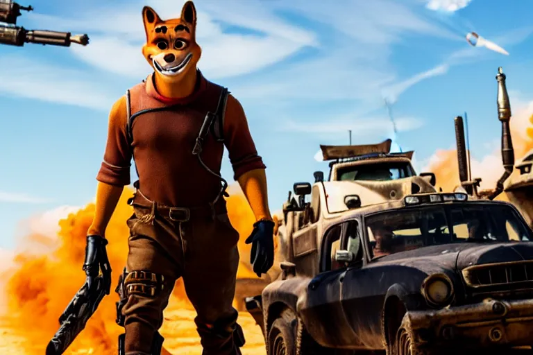 Image similar to nick wilde, heavily armed and armored facing down armageddon in a dark and gritty reboot from the makers of mad max : fury road