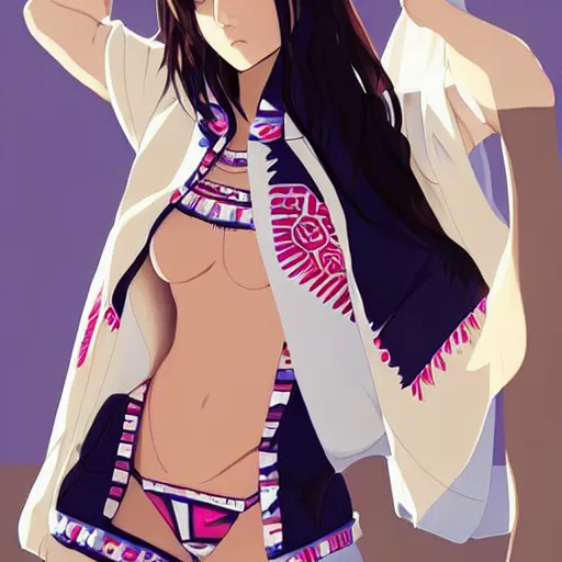 Image similar to a beautiful young japanese natalie portman alluring gravure model, anime graphic illustration, wearing oversized designer bomber jacket and one piece bikini, bulky poofy bomber jacket with mesoamerican patterns, mesoamerican native street fashion, princess mononoke screenshot, aesthetic, gorgeous, stunning, alluring, attractive, artstation, pinterest, digital art