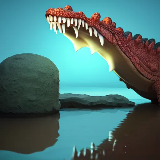 Image similar to crocodile made of ice cream, 3 d model, unreal engine, highly detailed, on a riverbank, hyperealistic, octane render, concept art, artstation, dusk lighting, realistic shadows