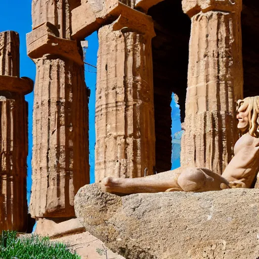 Prompt: a goblin with blonde long hair visiting Valle dei Templi, Agrigento, Italy