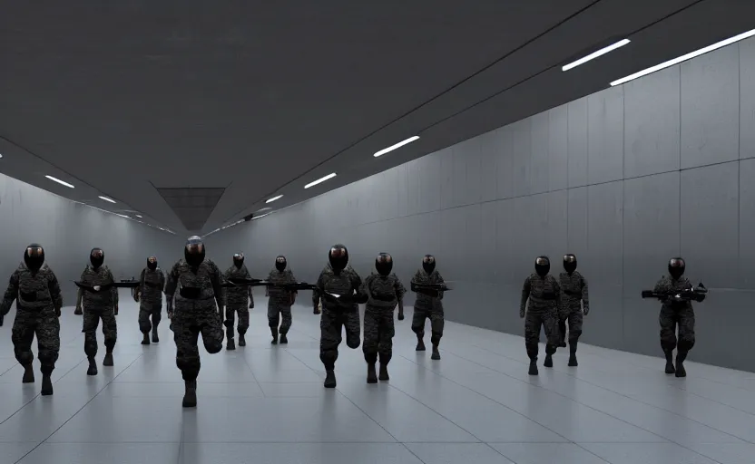 Prompt: Black military quadcopters swarm the wide hallways in a futuristic prison underground, brutalist architecture, staff can be seen carrying black duffel bags, sigma 85mm f/1.4, 4k, unreal engine, concept art, trending on artstation, depth of field, high resolution, 4k, 8k, hd, full color