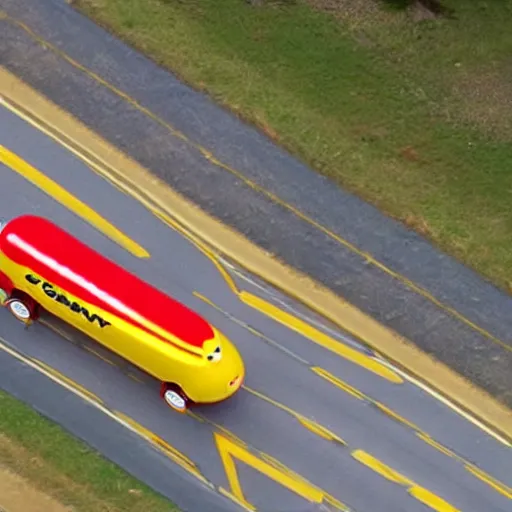 Image similar to a helicopter shot of the Oscar Meyer wienermobile in a high-speed police chase