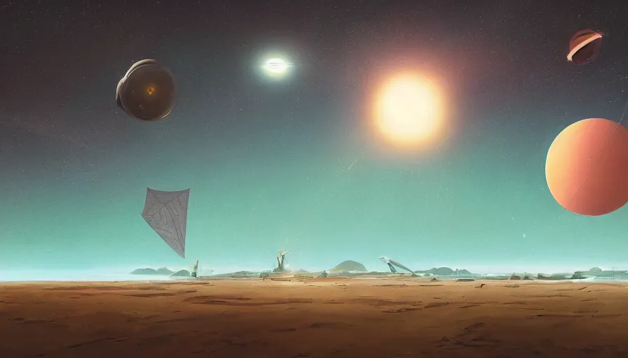 Prompt: solar sail traveling through space to the sun, seen from earth, simon stalenhag