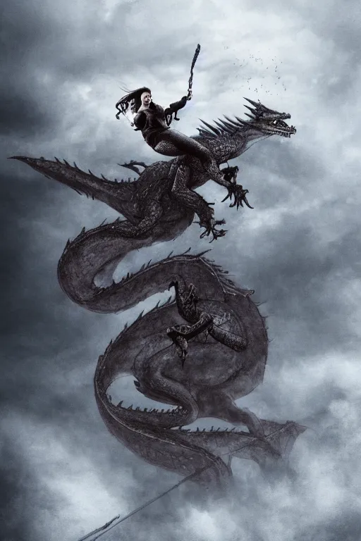 Image similar to a crossfitter riding a very large Dragon from Game of Thrones above city of Bordeaux, in the style of Game of Throne 8th season very matte colors, mysterious and misty and Dark