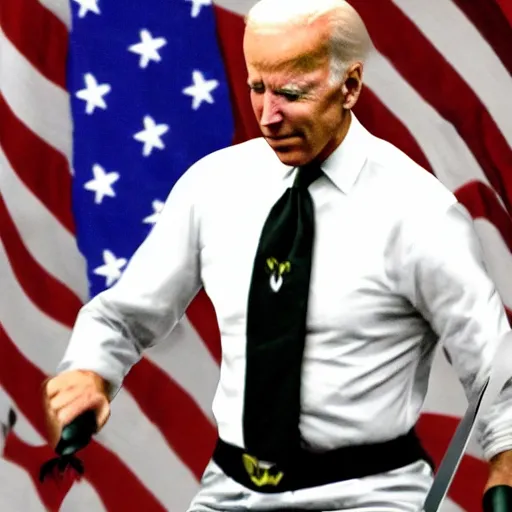 Prompt: joe biden sword fighting kermit