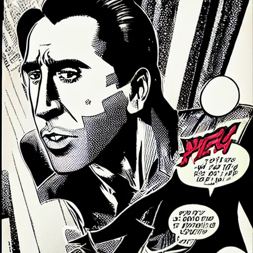 Image similar to dynamic macro head portrait of beautifu l nicholas cage super hero in white sequined jacket by john romita sr and cory walker and ryan ottley and jack kirby and barry windsor - smith, comic, illustration, photo real