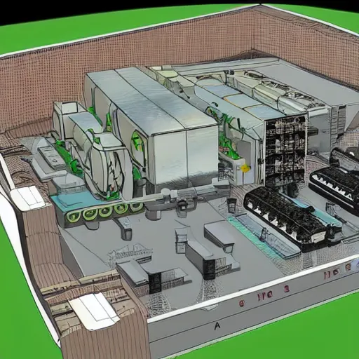 Image similar to schematic of a 100 floor nuclear bunker, with food production, energy production and storage, and highly detailed logistics