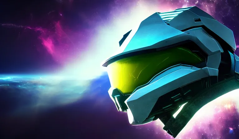 Image similar to cyberpunk halo helmet nebula visor floating in space with reflections, epic, dramatic, photorealistic, award winning, 8k,