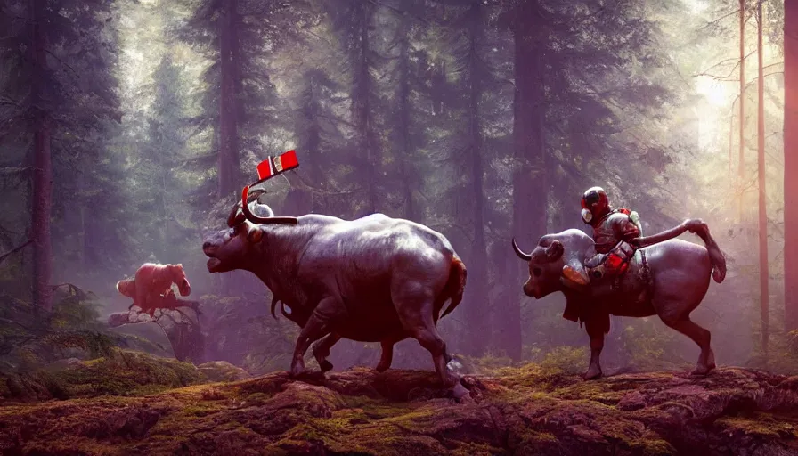 Prompt: american astronaut in the forest riding a bull, objects well lit, plants environment, wide angle, cinematic lighting, atmospheric, realistic, octane render, highly detailed, color graded, in the style of craig mullins