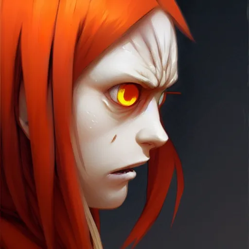 Image similar to pain from naruto, orange hair, onion eyes, ears piercing, highly detailed, digital painting, artstation, concept art, sharp focus, illustration, art by greg rutkowski and alphonse mucha