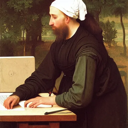 Prompt: an oil painting of an man playing a laptop, 1576 , by Bouguereau, highly detailed and intricate,