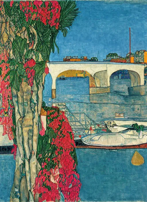 Image similar to bayonne bridge on local river, 3 boat in river, 2 number house near a lot of palm trees and bougainvillea, hot with shining sun, painting by egon schiele