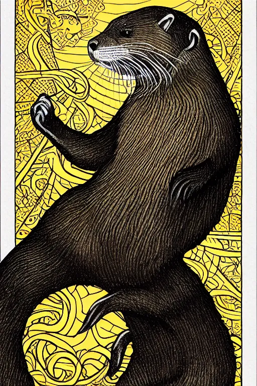 Image similar to tarot card illustration depicting a sea otter on the card the seven of fish, framed in an elaborate golden line border, tarot card, detailed illustration, sea otter, furry art, artstation, 4 k
