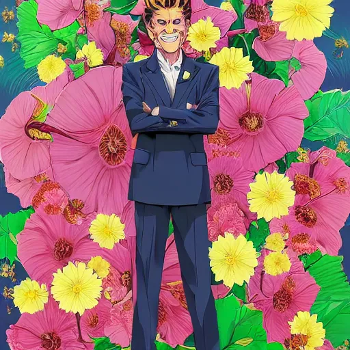 Image similar to willem dafoe, grinning, wearing a suit, posing, portrait surrounded by hibiscus flowers, jojo cover art, jojo anime style, david production, style of vento aureo cover art, style of stone ocean cover art, style of steel ball run cover art, style of jojolion cover art, ilya kuvshinov style, illustrated by hirohiko araki