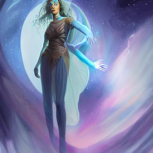 Prompt: cosmic tailor, ethereal, full-body portrait, astral background, science fantasy, portrait, highly detailed, digital painting, artstation, concept art, sharp focus, illustration, art by terese nielsen and livia prima and magali villeneuve