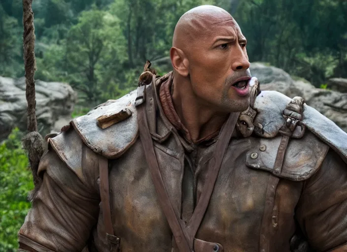 Image similar to film still of dwayne the rock johnson as pinocchio in the new pinocchio movie, 4 k, highly detailed face, detailed eyes