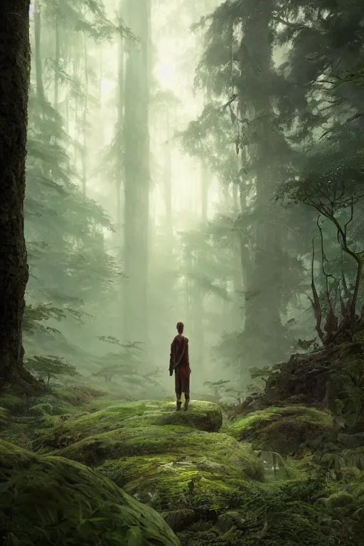 Image similar to A small character standing before a giant in a beautiful forest by Greg Rutkowski, Sung Choi, Mitchell Mohrhauser, Maciej Kuciara, Johnson Ting, Maxim Verehin, Peter Konig, final fantasy , 8k photorealistic, cinematic lighting, HD, high details, atmospheric,