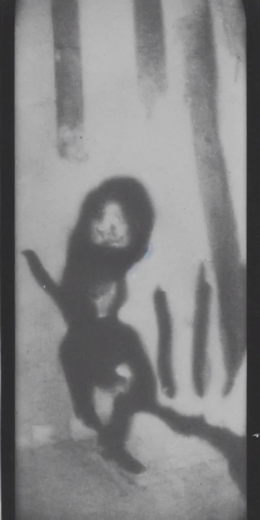 Image similar to found polaroid photo of a pale creepy cryptid in a musty basement with very long fingers