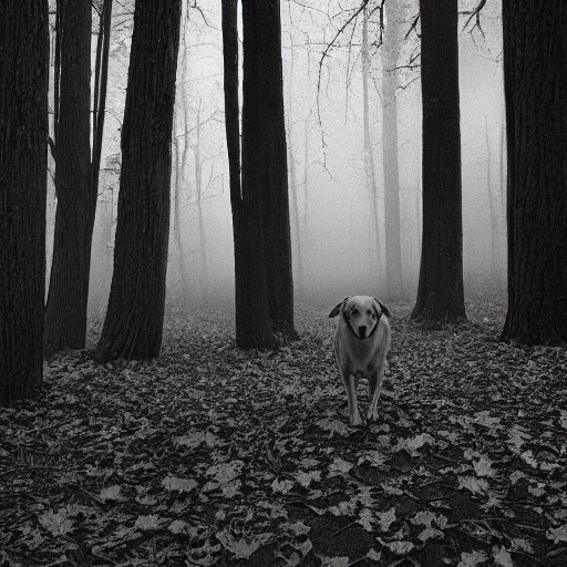 Image similar to yellow dog man infrared trailcam footage, liminal, black and white, foggy, creepypasta