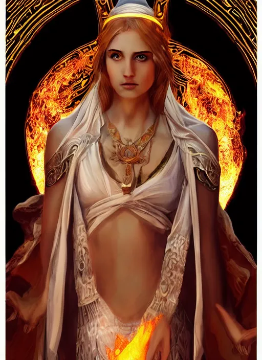 Image similar to Beautiful priestess from the oracle of Delphi, looking into the flames, greek mythology, high face detail, full body, digital art, trending on artstation, dramatic lighting