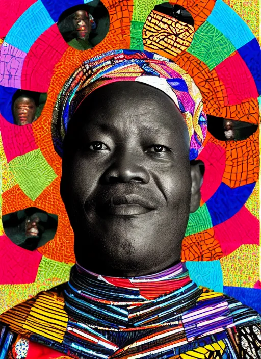 Prompt: an african chief wearing a Japanese Kimono, african facial features, full body shot, rembrandt lighting, black & white, colorful background, 35mm, magazine collage,