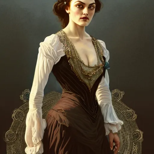 Prompt: Phoebe Tonkin dressed in Victorian fashion, D&D, fantasy, intricate, elegant, highly detailed, digital painting, artstation, concept art, matte, sharp focus, illustration, art by Artgerm and Greg Rutkowski and Alphonse Mucha