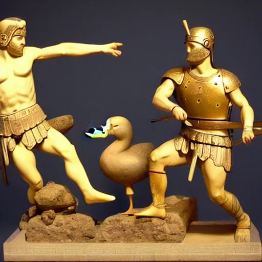 Prompt: ducks! fighting against greek warriors, ancient greek statue, epic, detailled