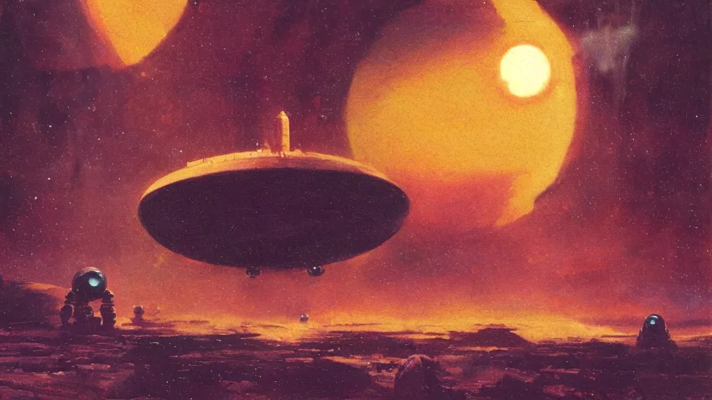 Image similar to eerie atmospheric alien planet with a small dropship pod landing by paul lehr and jack gaughan and john schoenherr, epic cinematic matte painting