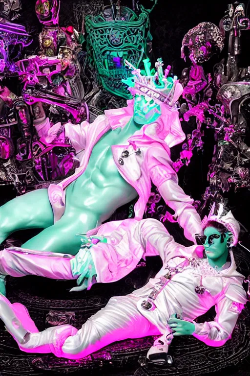 Image similar to full-body rococo and cyberpunk style mint neon statue of a young attractive Spanish male macho dotado android reclining sim roupa con piroca, glowing white laser eyes, prince crown of pink gears, diamonds, swirling silver-colored silk fabric. futuristic elements. full-length view. space robots. human skulls. intricate artwork by caravaggio. Trending on artstation, octane render, cinematic lighting from the right, hyper realism, octane render, 8k, depth of field, 3D