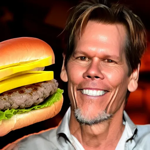 Prompt: kevin bacon's face between two loafs of a cheeseburger