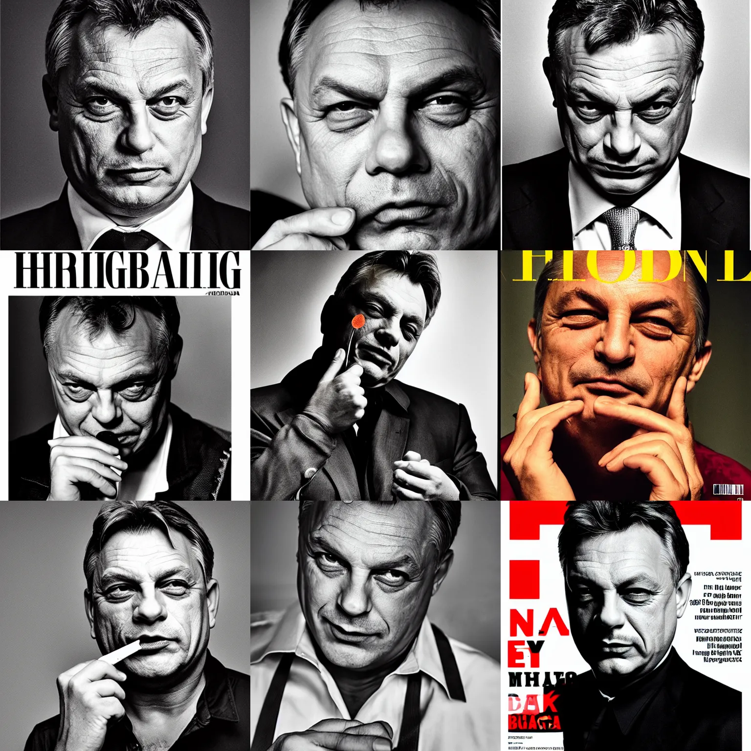 Prompt: headshot magazine cover photo of viktor orban winking and smoking marihuana by peter lindbergh, studio lighting