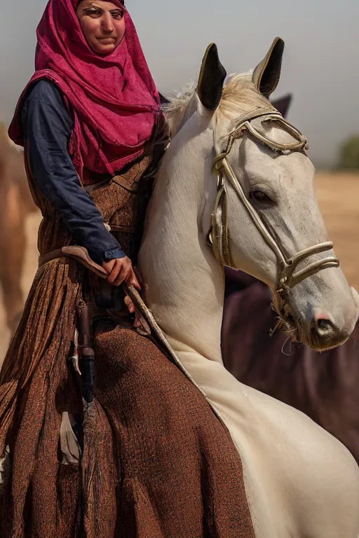 Image similar to hyperrealistic portrait from middle eastern burqa woman riding horse, with riffle in her chest, super highly detail, accurate boroque, without duplication content, white border frame, medium close up shot, justify content center, symmetrical, incrinate, cinematic, dust, award winning photos, vogue, shadow effect, luminate, sharp focus, realistic human