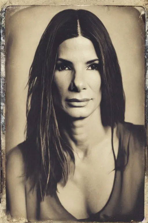Prompt: a tintype photo of Sandra Bullock