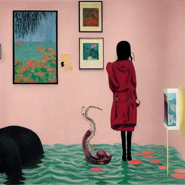 Image similar to female emo art student in her apartment, painting of flood waters inside an artist's feminine bedroom, a river flooding indoors, pomegranates, pigs, ikebana, water, octopus, river, rapids, waterfall, black swans, canoe, berries, acrylic on canvas, surrealist, by magritte and monet