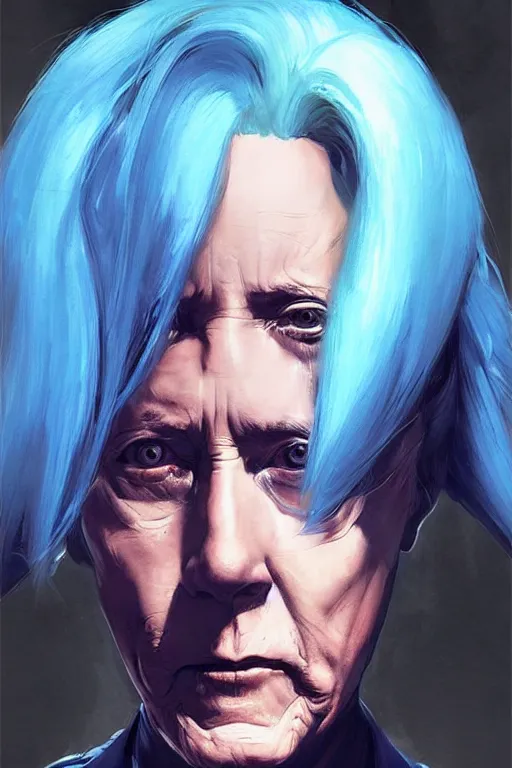 Image similar to a cyberpunk christopher walken with blue hair, masterpiece painting by artgerm and greg rutkowski and caravaggio
