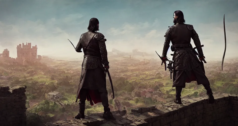 Image similar to john wick and Simon pegg as medieval bowmen, standing on a gothic style castle wall, overlooking a bloody battlefield in the background, trending on artstation, artwork in style of peter mohrbacher, unreal engine, octane render, intricate details, 8k high definition, beauriful, ornate, hyperrealistic