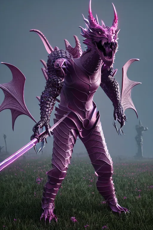 Image similar to high quality 3 d neo - gothic human dragon hybrid, exoskeleton armor, fighting with sword, field of pink flowers, highly detailed unreal engine, vitaly bulgarov dramatic dark teal light, ground angle hd 8 k, sharp focus